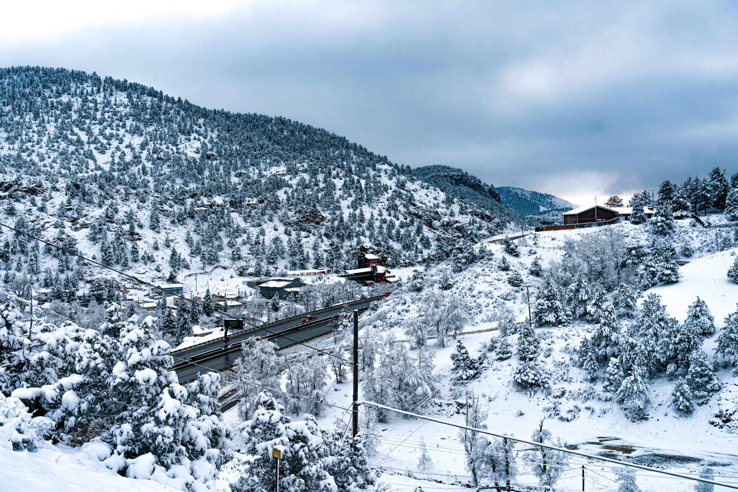 The town of Idaho Springs in the winter covered in snow
