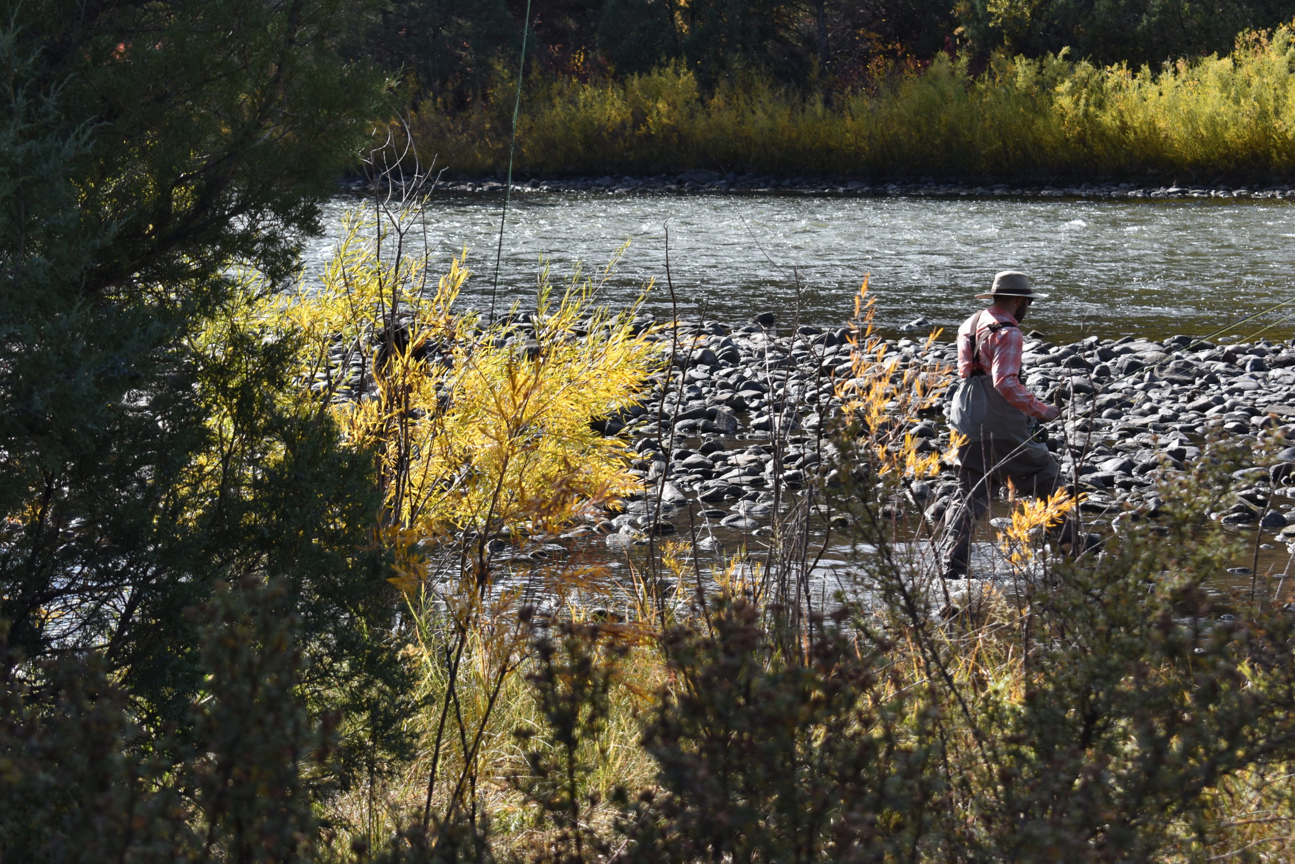 person walking with their fly fishing gear on the upper colorado river
